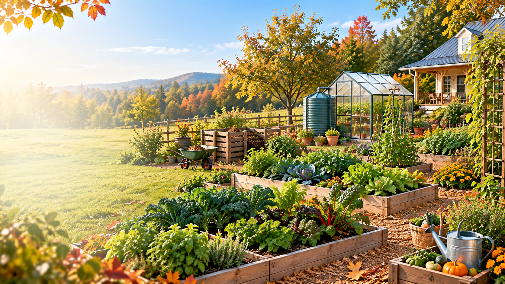 Productive KFarm homestead garden with raised beds and greenhouse