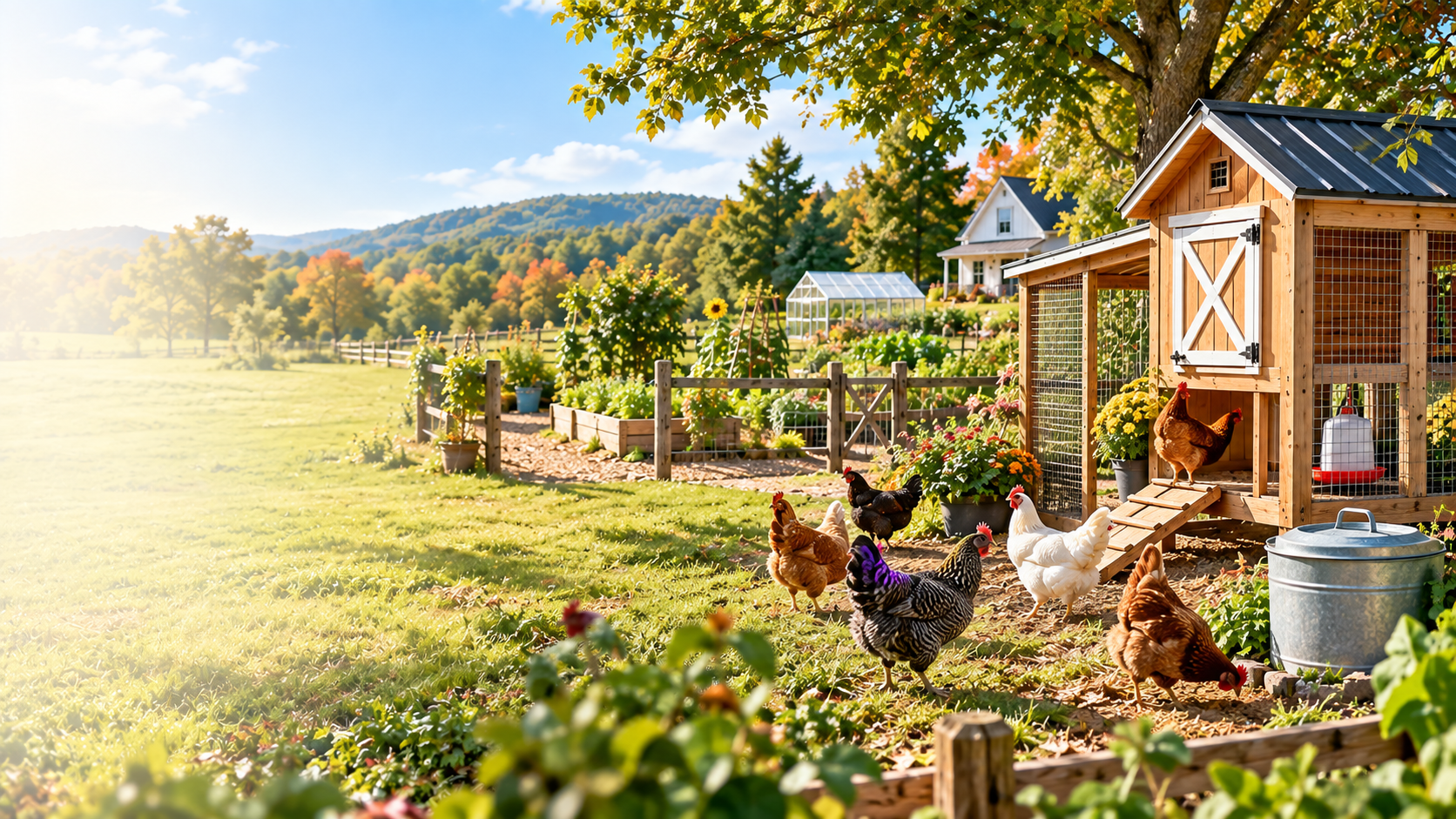 KFarm backyard poultry system with chickens, coop and garden